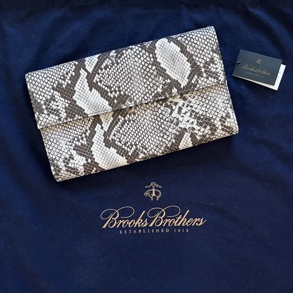 NWT Brooks Brothers Snakeskin Print Foldover/Envelope Leather Clutch - Picture 4 of 15